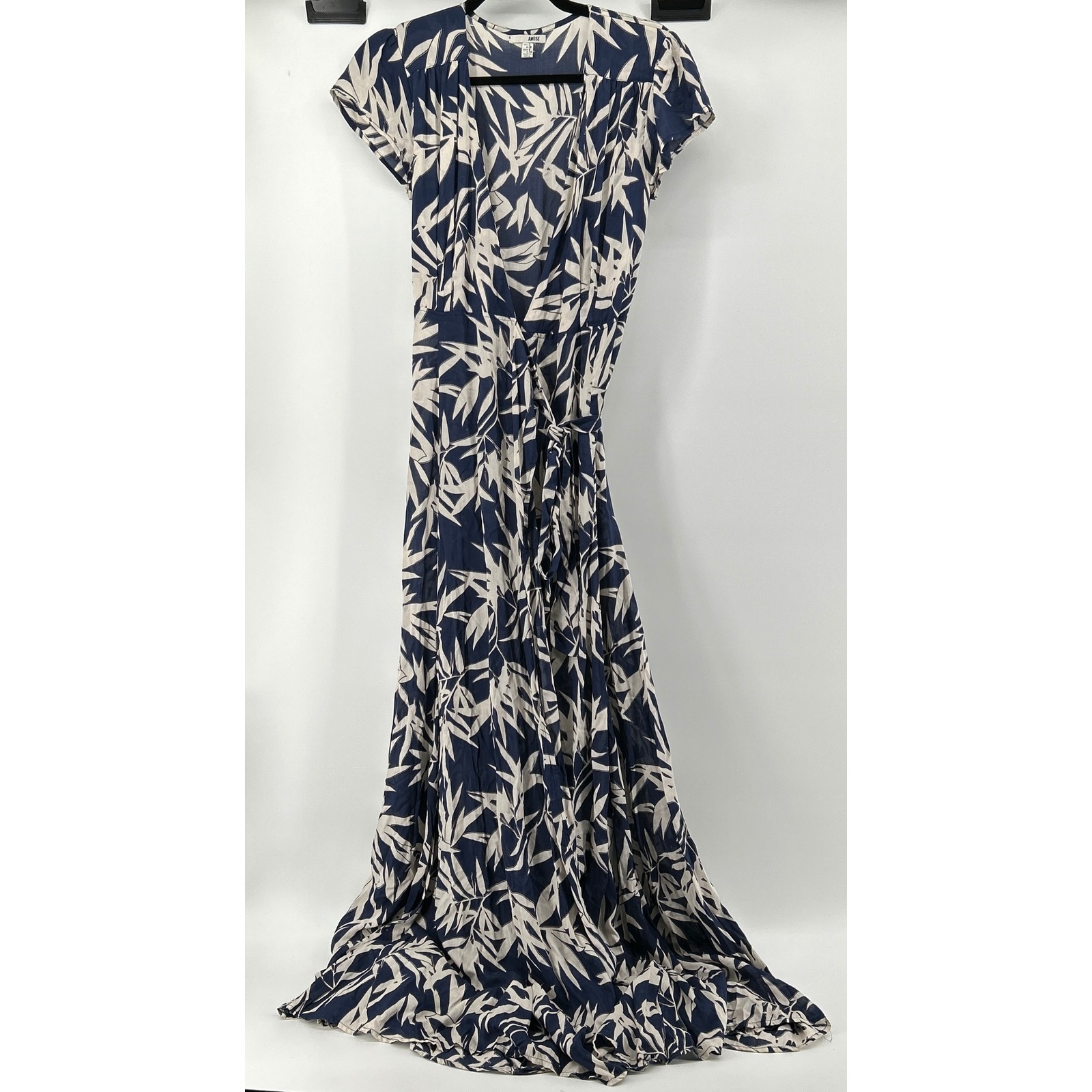 Amuse Society Navy Blue Tropical Leaf Provence Wrap Maxi Dress Small Resortwear